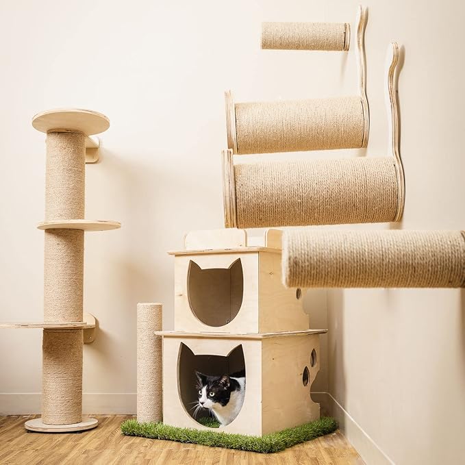 On2Pets Cat Furniture Wall-Mounted Scratcher Cat Steps, Sisal Rope Scratching Posts Floating Cat Wall Perches, Set of 2 with Cat face and Tail