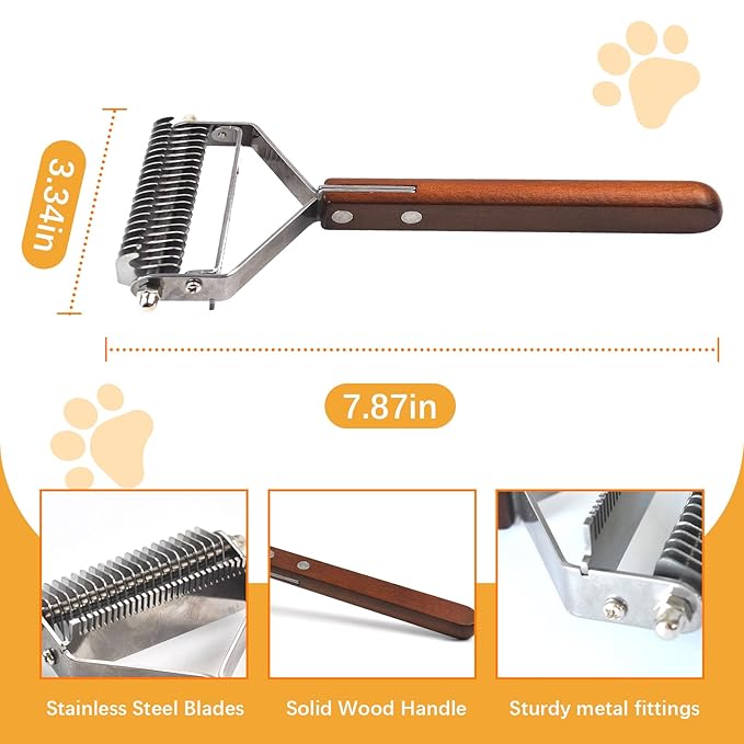 Pet Undercoat Rake for Long Haired Dogs Cats,2 in 1 Cat Safe Dematting Comb and Deshedding Brush Dog Grooming Tools with Wooden Handle Efficiently Remove Mats, Tangles, Loose Hair