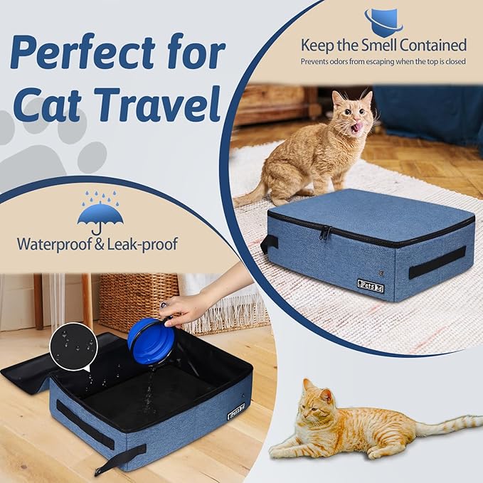 Petskd Portable Cat Travel Litter Box with Lid and 10 pcs Disposable Liner Bags, Leak-Proof and Collapsible, Cat Travel Essentials for Car Travel, Hotel, Airplane and Other Outdoor Use(Blue)