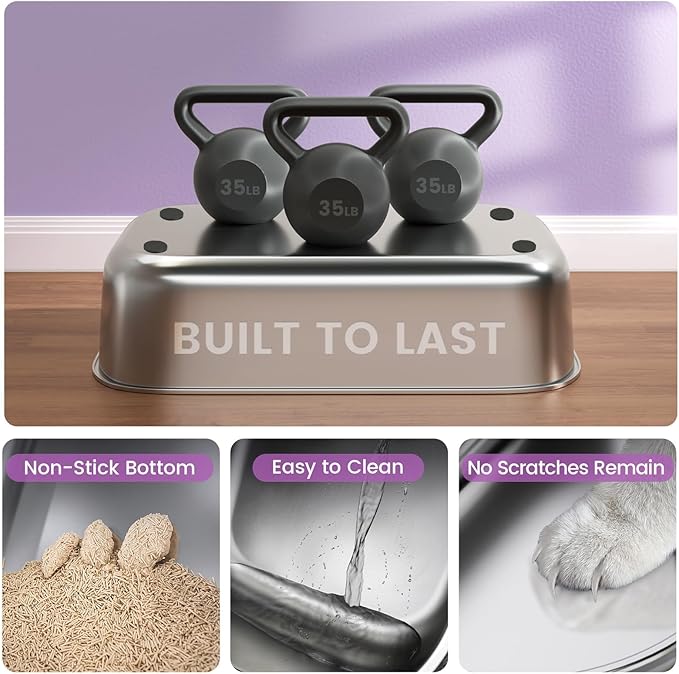 Stainless Steel Cat Litter Box with Lid - 3 in 1 Enclosed Cat Litter Box XL Extra Large Odor Control Covered Metal Litter Pan for Big Multiple Cats Includes Step, Scoop, Cat Scratcher Mat