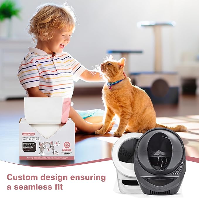 Leon&Visky Litter Box Liner With Drawstring, 50 Count, Compatible with Litter-Robot 4 and Litter-Robot 3, Heavy Duty Extra Thickness 2 mil