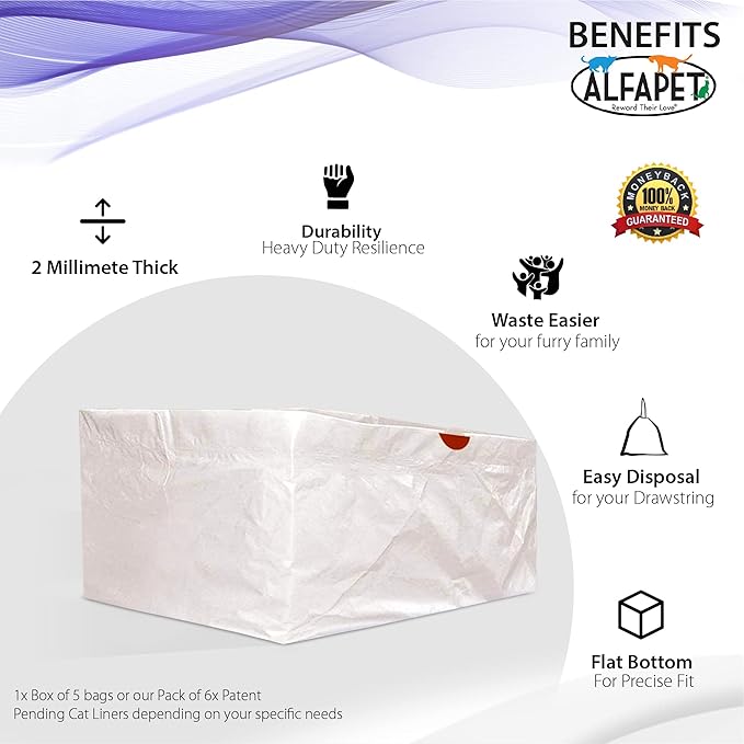 Alfapet Flat Bottom Cat Litter Box Liners, Pack of 20 - Super Heavy Duty Kitty Litter Bags with Drawstring for Poop and Liquid Waste - Jumbo Design for Extra Large Cat Pans