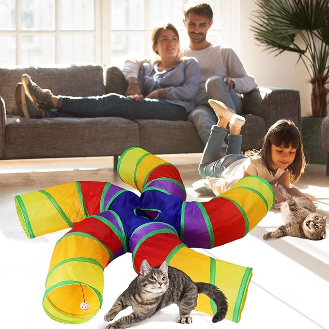 Bemodst Cat Tunnel for Indoor Cats, 2 Way/3 Way/4 Way/5 Way Cat Tubes and Tunnels Collapsible S-Shape Small Animal Tubes Kitty Tunnels Interactive Maze Cat Toy for Kitten Rabbit (Colored 5-Way)