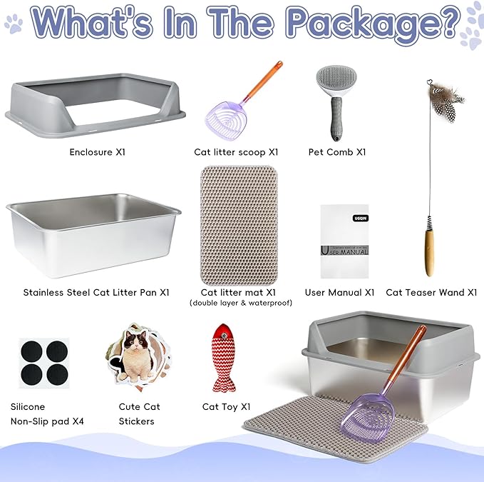 Stainless Steel Cat Litter Box with Lid,Large Litter Box with Side Entrance,Kitty Litter Pan High Sided,Anti-Urine Leakage,Easy to Clean,Included Scoop,Litter Mat&Fish Toys,Brush