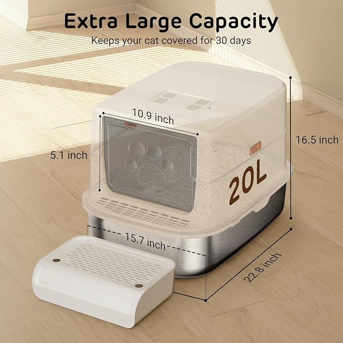 iPettie S01 20L Large Stainless Steel Litter Box, Odor-Reducing Smell Proof Charcoal Filter, Enclosed Litter Box with Cat Litter Scooper, Easy to Clean, Metal Litter Box with Lid