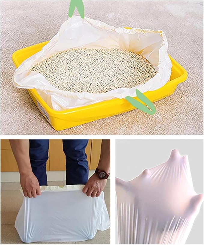 20 Count Cat Drawstring Litter Box Liners 26.6x16.7 inches 2Mils Super Thick White Cat Litter Waste Bags Poop Bags for Self-Cleaning Litter Box Cat Litter Pan Trays (Green Drawstring 20 count)