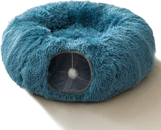 HIPIPET Winter Plush Cat Tunnel with Cat Bed for Indoor Cats,Multifunctional Cat Toys for Small Medium Large Cat.(Blue)