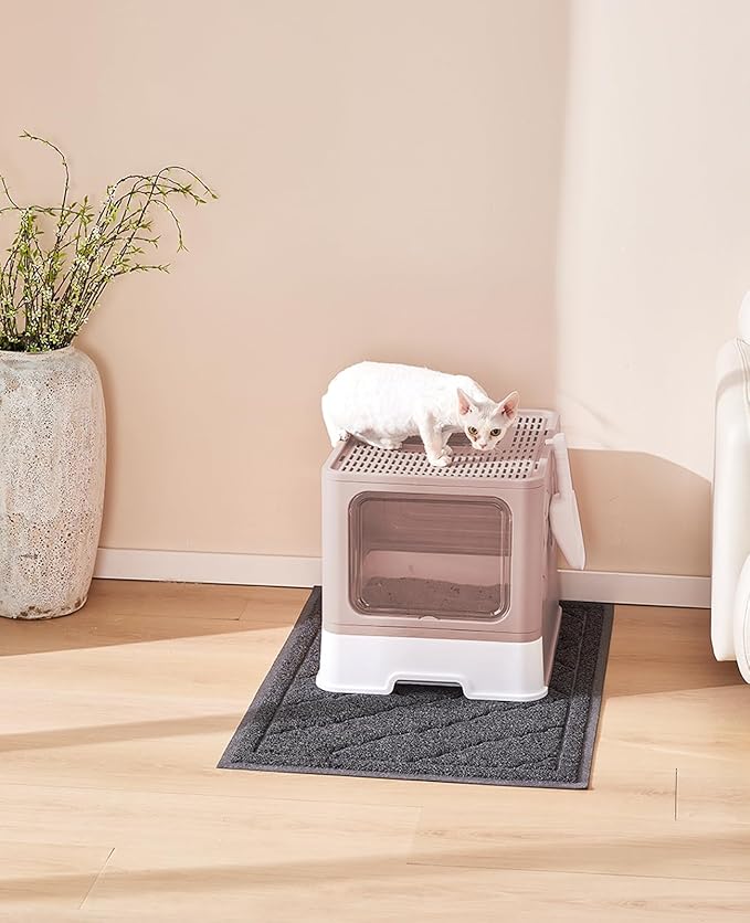 Cat Litter Box with X-Large Litter Mat and Scoop, Large Foldable Litter Box with Lid, Front Top Entry Exit Kitty Litter Box, Odor Control Easy Clean (Upgrade Coffee)
