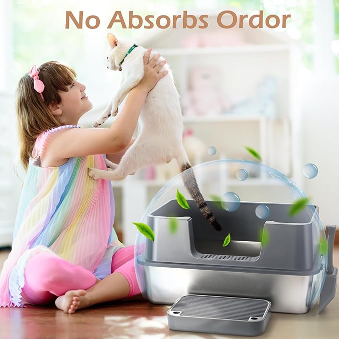 Stainless Steel Cat Litter Box with Lid, High Sides Metal Litter Box Enclosed, XL Extra Large Cat Litter Box with Filter Pedal and Scoop Cleaning Brush, Easy Cleaning, Anti Leakage, Non-Sticky