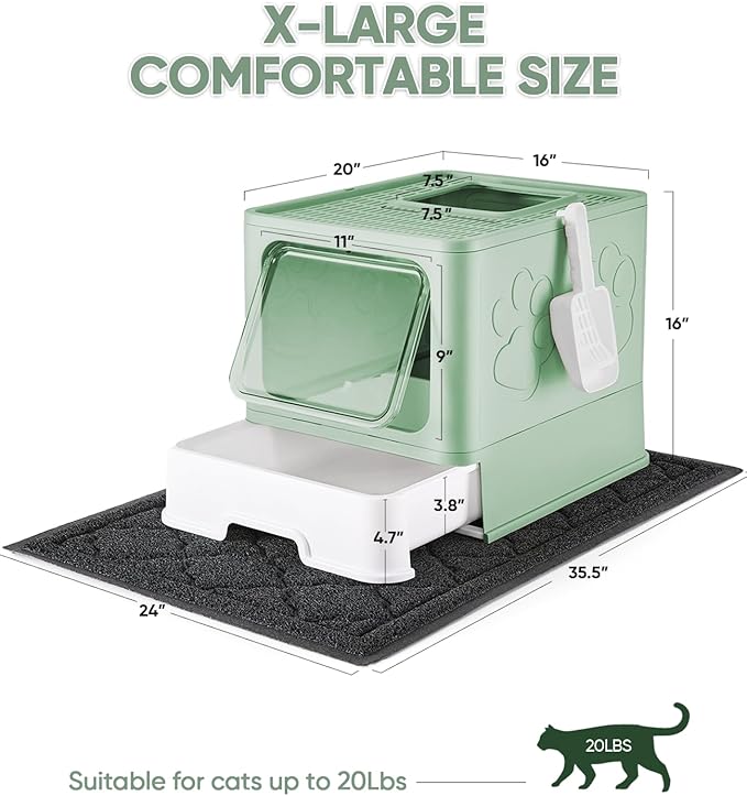 Cat Litter Box with X-Large Litter Mat and Scoop, Large Foldable Litter Box with Lid, Front Top Entry Exit Kitty Litter Box, Odor Control Easy Clean (Upgrade Green)