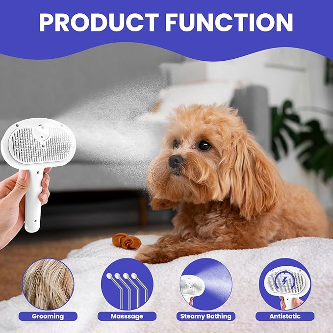 Cat Steam Brush, Pet Steamy Brushes for Indoor Cats & Dogs Shedding with Release Button, Self-Cleaning, Anti-Static Pets Hair Removal Comb for Furry Pet Grooming & Massage (WHITE)