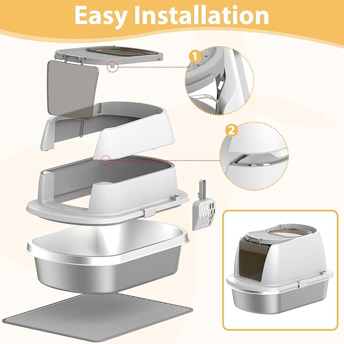 Stainless Steel Litter Box with Lid,Large Enclosed Cat Litter Box, Covered Metal Litter Tray for Easy Cleaning & Odor Control, Includes Scoop and Litter Mat, Hooded Cat Litter Pan for Kitten (White)