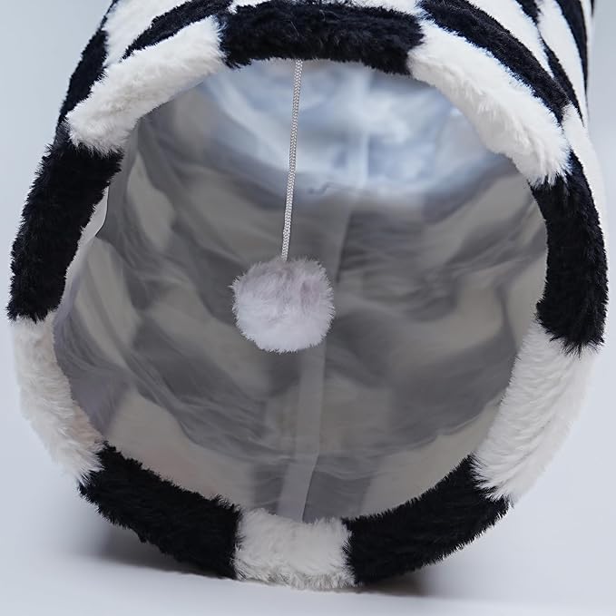 Luxurious Cat Tunnel,43" Straight Cat Tunnel Bed with Balls,Cat Toys for Indoor Cats,Collapsible Peekaboo Cat Cave for Kitten Toys(White and Black)