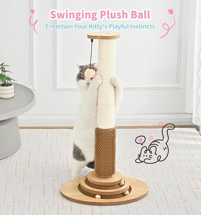 Made4Pets Cat Scratching Post Premium Sisal Cat Scratcher Kitten Toys for Indoor Kittens 28.3" Tall Cat Tower Scratch Post Cat Tree Wooden Interactive Ball Track Cat Toy with Hanging Ball, Beige