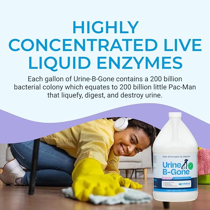 KINZUA ENVIRONMENTAL Urine B-Gone, Professional Enzyme Odor Eliminator & Pet Stain Remover, Human, Cat & Dog Urine Cleaner, Effective on Laundry, Carpets & More, Lavender Scent, 1 Gallon