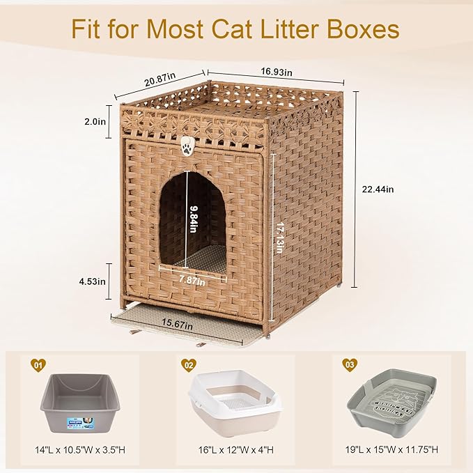 Snughome Cat Litter Box Enclosure Furniture Hidden with Cat Litter Mat, Hidden Cat Washroom Furniture with Door, Handwoven Rattan Cat Washroom Box, Indoor Pet House for Living Room, Bedroom(Natural)