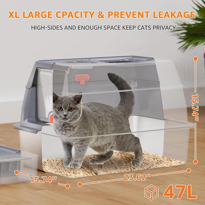 MIKK Enclosed Stainless Steel Cat Litter Box with Lid XL Extra Large Litter Box for Big Cats,Never Absorbs Odors, Sturdy Easy to Clean Non-Sticky Anti-Leakage with Cat Scratcher Mat(Grey)