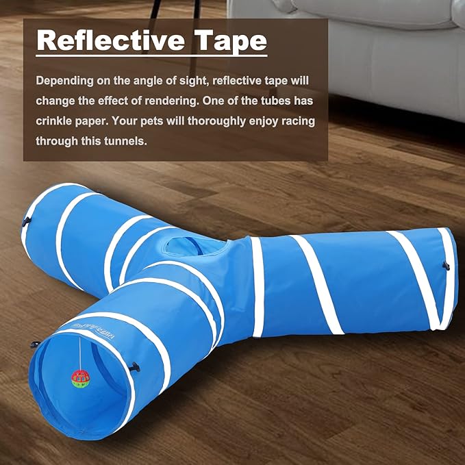 3 Way Cat Tube Tunnel - Indoor Cat Toy Tunnels Includes Crinkle Paper, Mouse Toy - Connect More Tunnels - Pop Up Collapsible - 10 Inch Diameter (Blue)
