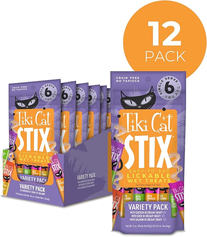 Tiki Cat Stix Mousse Treats, Single Serve Indulgent Lickable Treat or Dry Food Topper, Variety Pack with Salmon, Chicken, and Tuna, 3 oz. Pouch (Pack of 12)