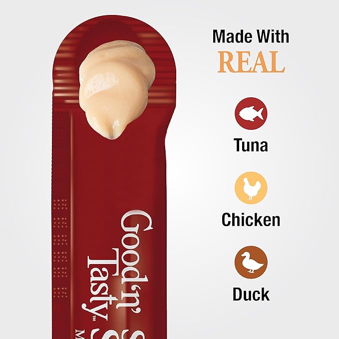 Good ‘n’ Tasty Savory Spoonables with Real Tuna, Chicken & Duck, 6 Count Tube, Triple Flavor Squeezable Lickable Wet Treats for Cats with Built-in Spoon for Less Mess