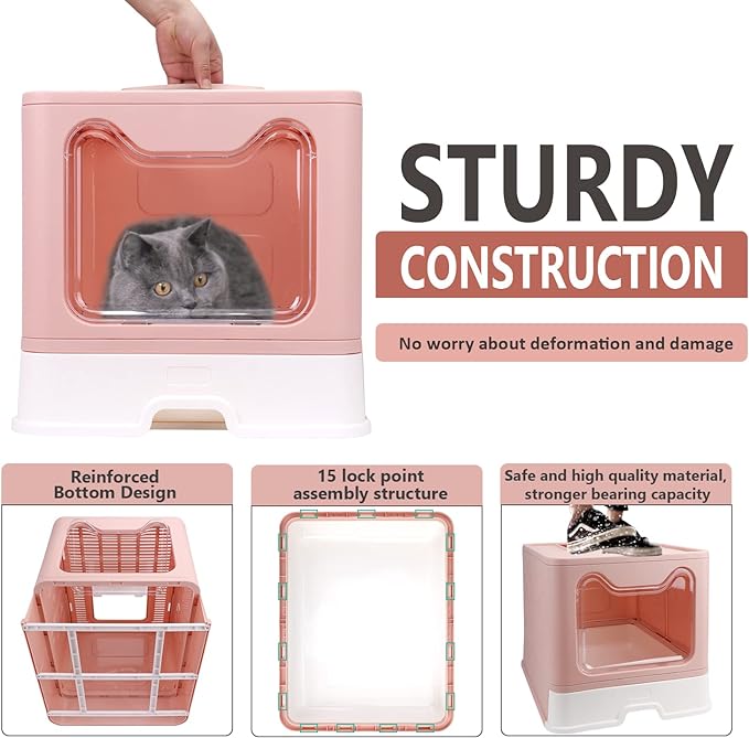 Foldable Cat Litter Box with Lid, Enclosed Cat Potty, Top Entry Anti-Splashing Cat Toilet, Easy to Clean Including Cat Litter Scoop and 2-1 Cleaning Brush (Pink) Large