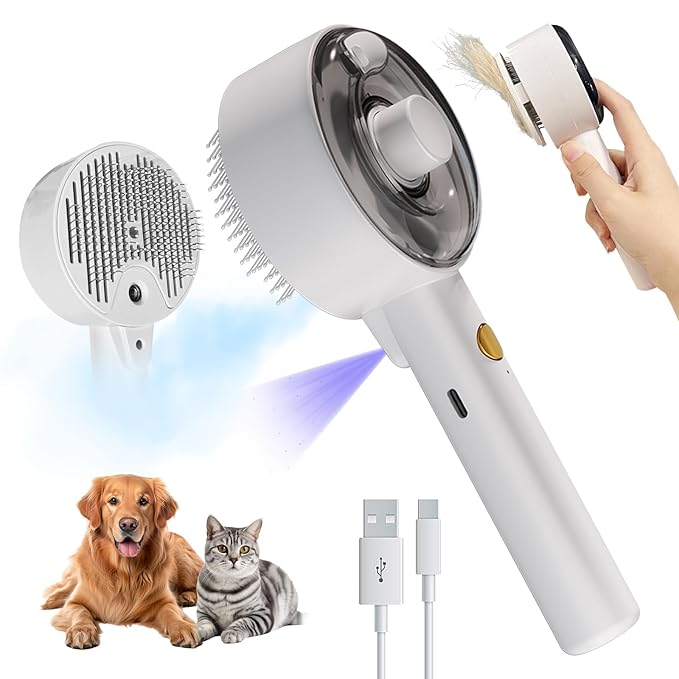 Donut 2-Gear Pet Steam Slicker Brush With UV, 4-in-1 Detangler Spray Dematting Brush For Shedding, Hair Remover With Release Button. For Indoor Long Or Short Hair Dogs, Cats, Rabbits. (White)