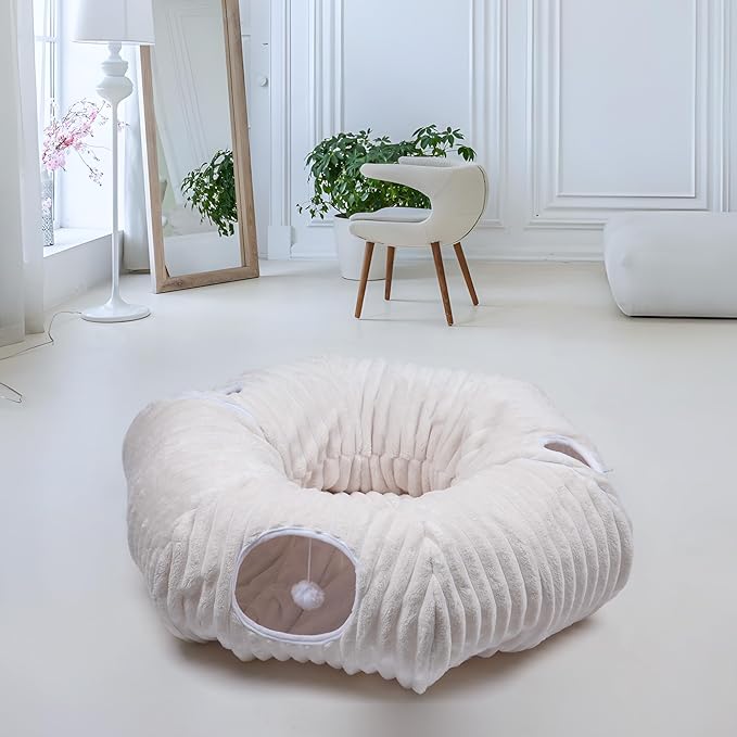 Cat Tunnel Bed,Cat Tunnel Bed with Soft Central Cat Couch,Cat Toys for Indoor Cats,Collapsible Peekaboo Cat Cave,Cat Donut Tunnel and Kitty Toy Set(White Stripe,Donut)