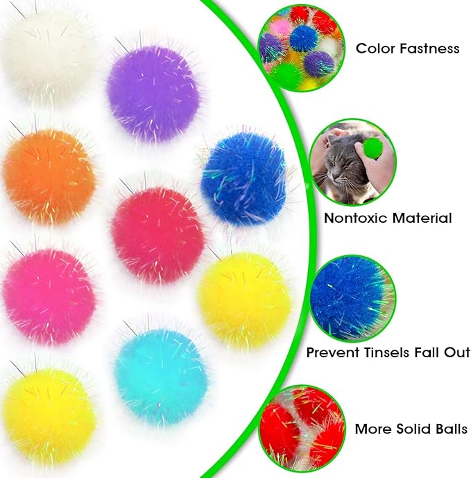 20 Pieces Mix Sizes Sparkle Pom Pom Balls for Cat - Interactive Glitter Balls, Multicolor, Best as Kitten Play Toys.
