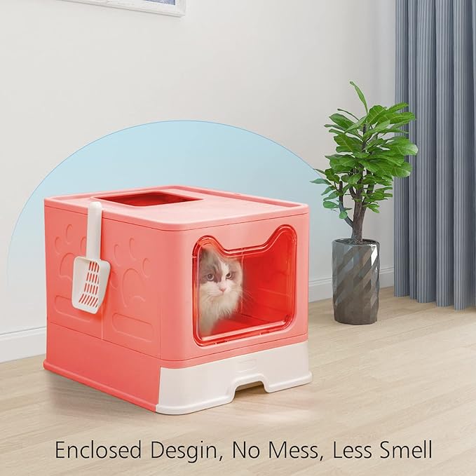 ROCCS Foldable Pink Cat Litter Box with Lid,No Smell Large Top Entry Litter Box with Cat Litter Scoop,Covered Drawer Type Kitty Potty,Including Fur Brush & Cleaning Glove, 20" x 16" x 15"