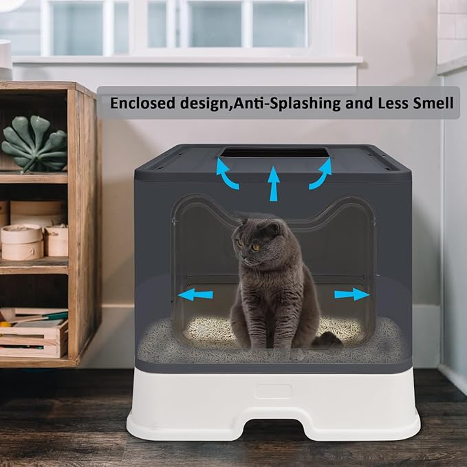 Foldable Cat Litter Box with Lid, Enclosed Cat Potty, Top Entry Anti-Splashing Cat Toilet, Easy to Clean Including Cat Litter Scoop and 2-1 Cleaning Brush (Black) Large