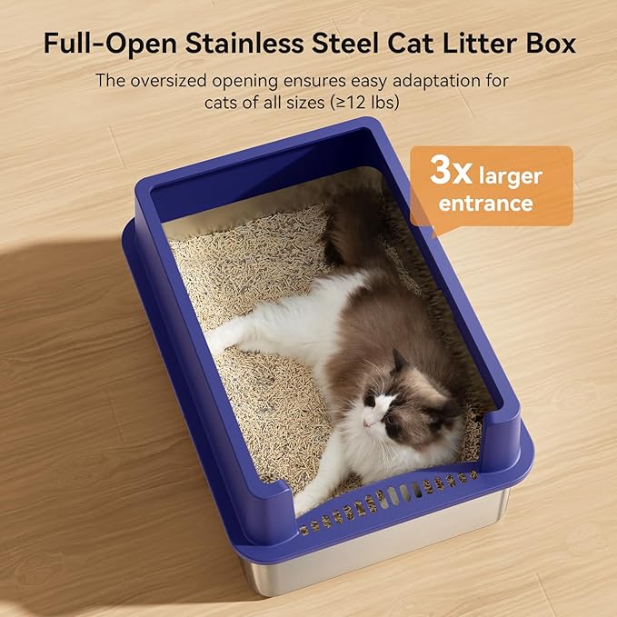 Extra Large 28" x 20" Litter Box Pan for Big Cats Maine Ragdoll Metal Large Enclosed Stainless Steel Litterbox with Lid Litter Scoop Blue, Non-Sticky, Anti-Leakage, Easy Cleaning