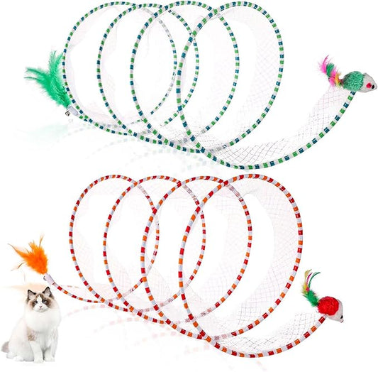 2pcs Cat Tunnels for Indoor Cat, S Type Folded Cat Tunnel Spring 10in Large Size Collapsible Spiral Cat Toy with Feather and Mouse Toy for Pet Puppy Kitten Interactive Exercise(Striped Green, Red)