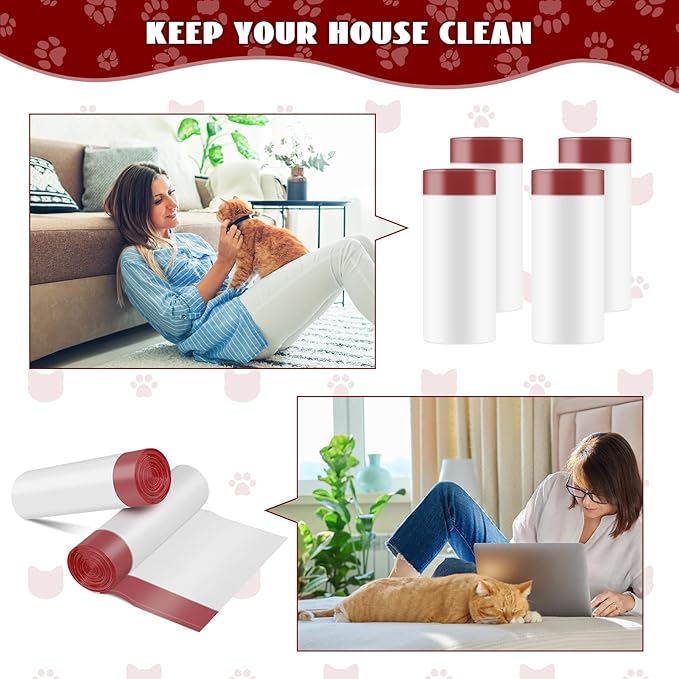 Cat Waste Bags for Automatic Cleaning Litter Boxes, 19.7 x 17.7 Inches (4 Packs/80 Counts) White-Red