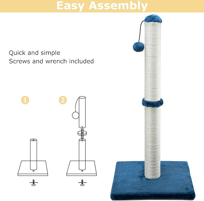 Dimaka 34" Tall Cat Scratching Post for Large Cats and Kittens, High Vertical Scratcher with Premium Natural Sisal Rope and Interactive Hanging Ball for Indoor Cats (Blue, 34 inches)