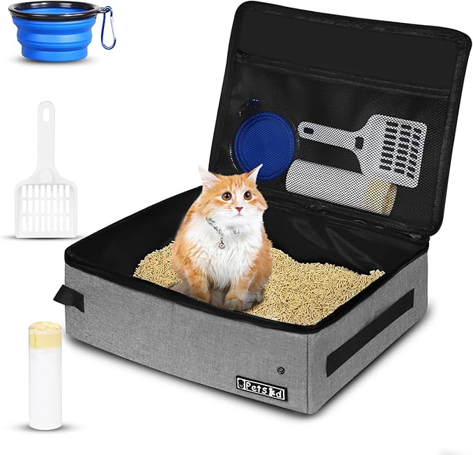 Petskd Portable Cat Travel Litter Box with Lid and 10 pcs Disposable Liner Bags, Leak-Proof and Collapsible, Cat Travel Essentials for Car Travel, Hotel, Airplane and Other Outdoor Use(Grey)