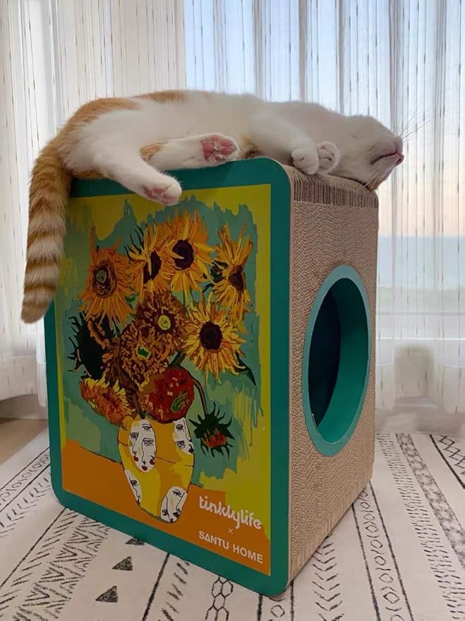 FluffyDream Cat Scratcher Cardboard, Sunflowers Shape Adaptation Spoof Version Cat Scratching House Bed Furniture Protector, Green Colour
