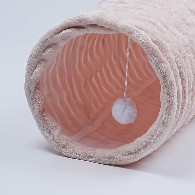 Luxurious Cat Tunnel,43" Straight Cat Tunnel Bed with Balls,Cat Toys for Indoor Cats,Collapsible Peekaboo Cat Cave for Kitten Toys(Pink Stripe)