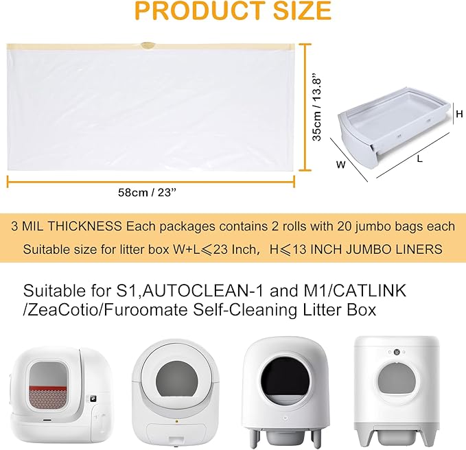 ELEGX 120 Count Litter Box Liners, 3MIL Extra Thick Heavy Duty, Automatic Self Cleaning Litter Robot Cat Waste Bag, 22" x 13" Compatible with Cleanpethome/Pura X/MAX/Petkitt/Pet ree