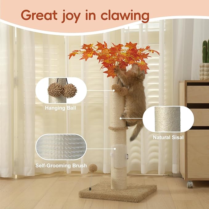 MECOOL Cat Scartching Post,35-inch Heavy Duty and Thicker Large Scartching Posts for Indoor Cats,Natural Sisal Rope and Hanging Ball Toy, Self-Grooming Brush,Beige