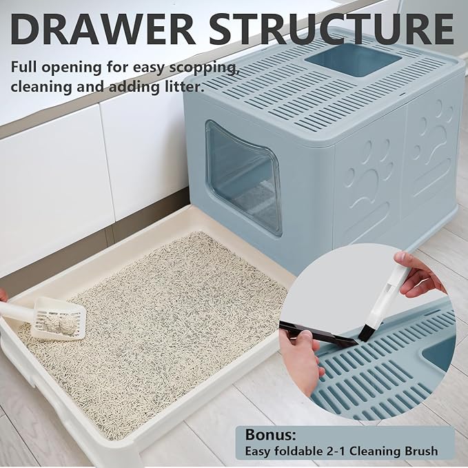 Foldable XL Cat Litter Box with Lid, Jumbo Enclosed Cat Potty, Top Entry Anti-Splashing Cat Toilet, Easy to Clean Including Cat Litter Scoop and 2-1 Cleaning Brush (Blue) Extra Large