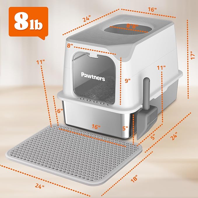 Pawtners Stainless Steel Cat Litter Box, XL Extra Large Kitty Litter Pan, Front Entry Top Exit Enclosed Metal Cat Toilet for Odor Control with Removable Lid & Scoop & Mat, Anti-Leakage, Easy to Clean
