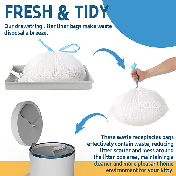 TonGass (6 Rolls, 120-Pack, 21.45" x 11.7") Drawstring Litter Liner Bags Disposable Portable Cat Litter Waste Receptacles Bags Compatible with PETKIT PuraX PuraMax Self-Cleaning Cat Litter Box