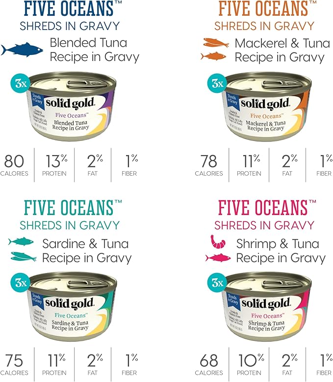 Solid Gold Five Oceans Wet Cat Food Variety Pack - Seafood - Canned Cat Food, 12 Pack