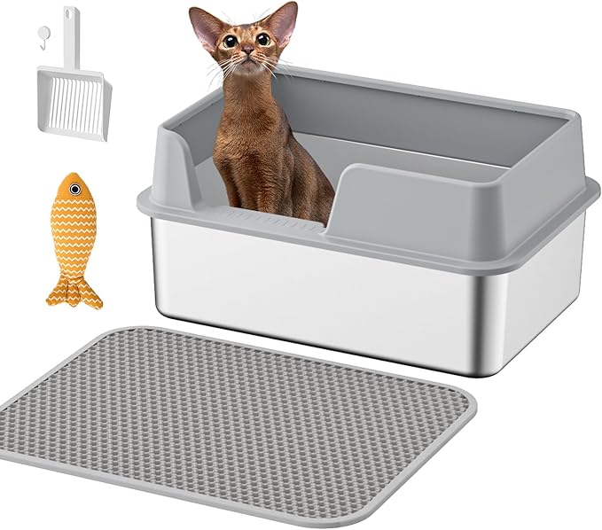 Stainless Steel Cat Litter Box with Lid,19.7”L x 13.8”W x 9.9”H Deep,Metal Litter Box with high Sides,with Litter Mat,Litter Scoop and Cat Toys,Non-Sticky,Anti-Leakage,No Smell,Easy Cleaning