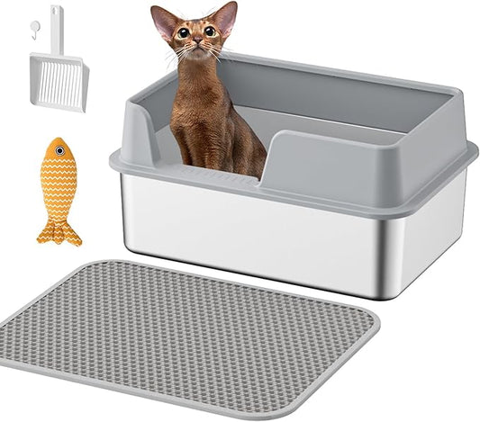 Stainless Steel Cat Litter Box with Lid,19.7”L x 13.8”W x 9.9”H Deep,Metal Litter Box with high Sides,with Litter Mat,Litter Scoop and Cat Toys,Non-Sticky,Anti-Leakage,No Smell,Easy Cleaning