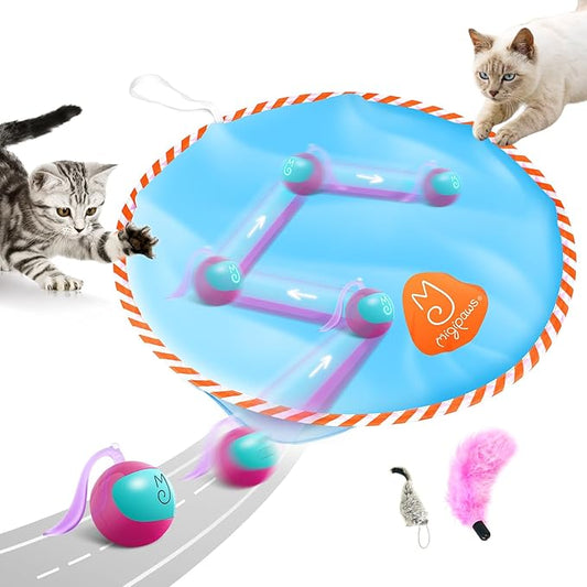 Migipaws Interactive Cat Ball Toy Set, Fun Tracker, Glowing Chase Ball with MystiChaser Pouch, Fluffy Tail, A Small Mice(Rose)