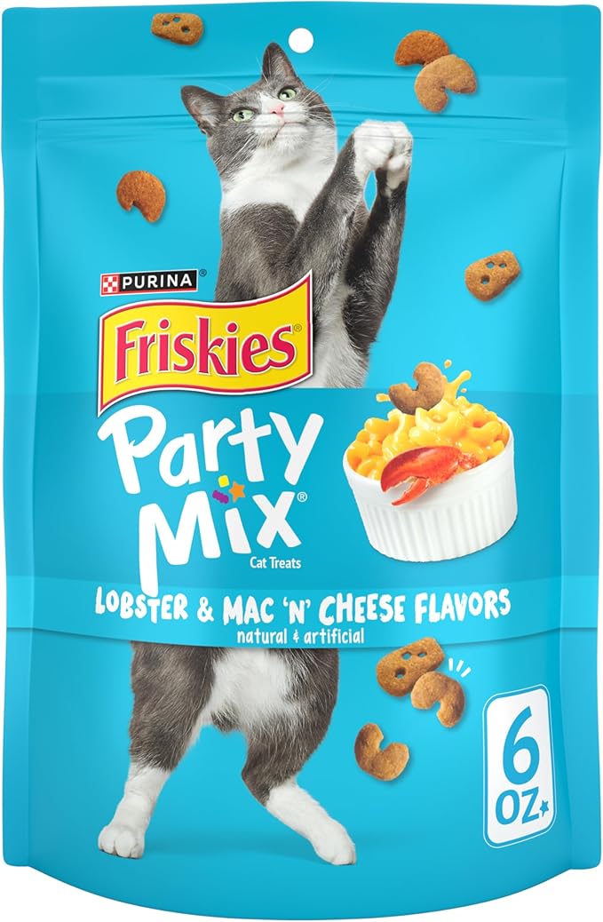 Purina Friskies Cat Treats, Party Mix Lobster & Mac 'N' Cheese Flavors - (Pack of 6) 6 oz. Pouches