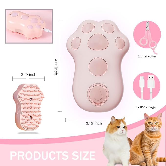 Cat Steam Brush,4 in 1 Spray Cat Brush, Pets Grooming Brush for Shedding, Portable Pet Hair Removal Tool For Cats and Dogs, Pets Steamy Brush,Pink