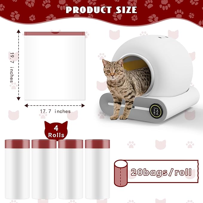 Cat Waste Bags for Automatic Cleaning Litter Boxes, 19.7 x 17.7 Inches (4 Packs/80 Counts) White-Red