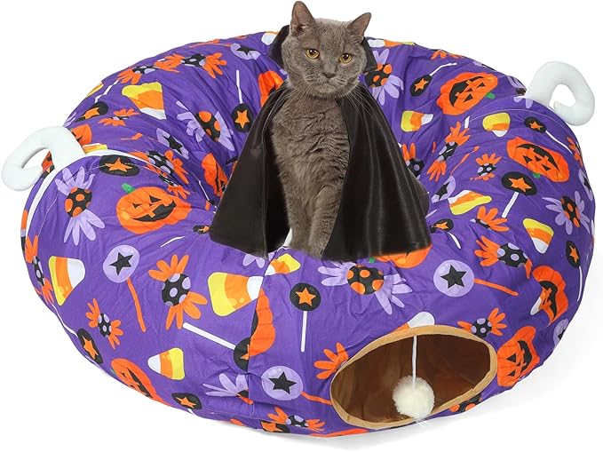 LUCKITTY Halloween Decorative Cat Tunnel Bed - 3FTx3FTx9.8IN - Purple Cat Toy Tunnel Bed Pumpkin and Candy Pattern- Perfect Cozy Hideaway for Small Animals